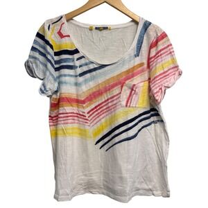 Little Yellow Button Anthro T Shirt Medium Short Sleeve Rainbow Stripes Colorful